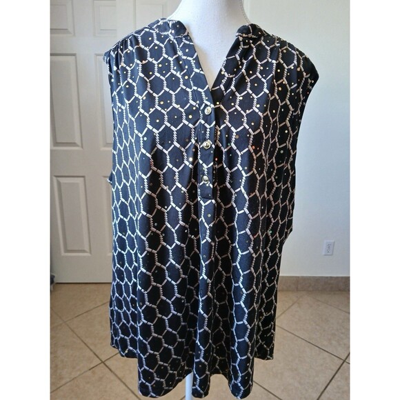 JOIE DE VIVRE WOMENS BLOUSE  TOP PLUS SIZE 2X BLACK  GOLD SLEEVELESS HENLEY NECK - Picture 1 of 13